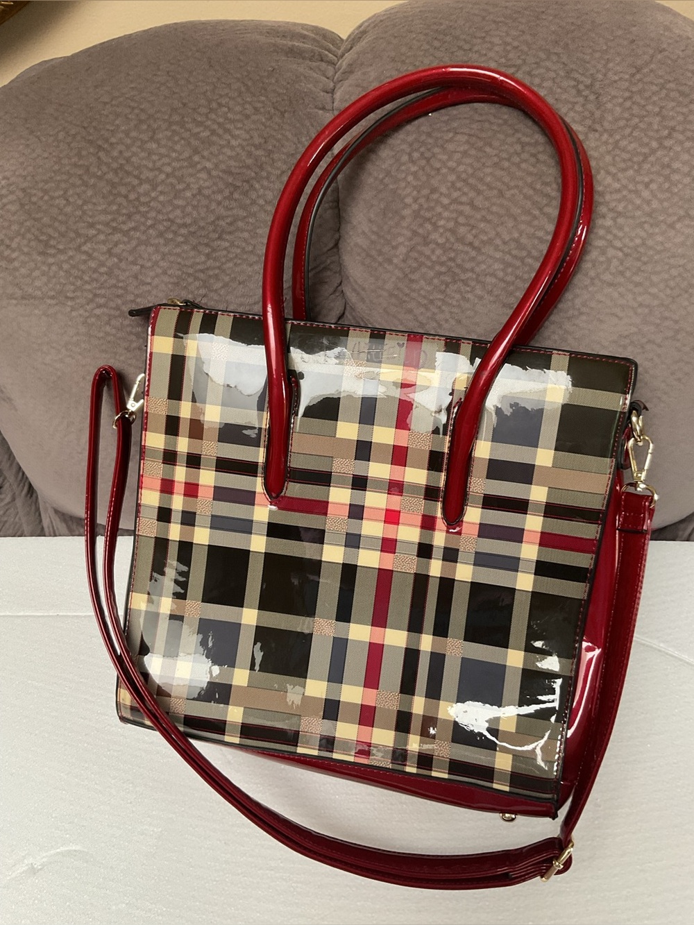 Diophy Stylebandi Plaid Patent Satchel Tote